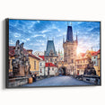 Black and white wall art featuring a vintage poster art style landscape of Prague on a framed canvas.