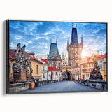 Black and white wall art featuring a vintage poster art style landscape of Prague on a framed canvas.