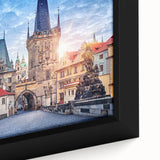 Black wall art featuring a textured, colorful Prague skyline on an extra large framed canvas, ideal for living room decor.