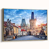 Framed canvas of vintage Prague landscape in black and gold tones, ideal for bedroom wall art.