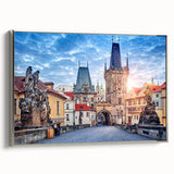 Framed canvas of a vintage Prague landscape in colorful art style, ideal for living room decor.