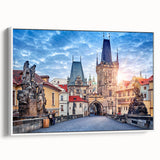 Vintage poster art of Prague in colorful tones on extra large framed canvas, ideal for living room decor.