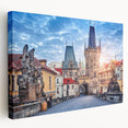 Prague cityscape in muted watercolor tones on stretched canvas, suitable for kitchen wall art.