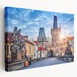 Prague cityscape in muted watercolor tones on stretched canvas, suitable for kitchen wall art.