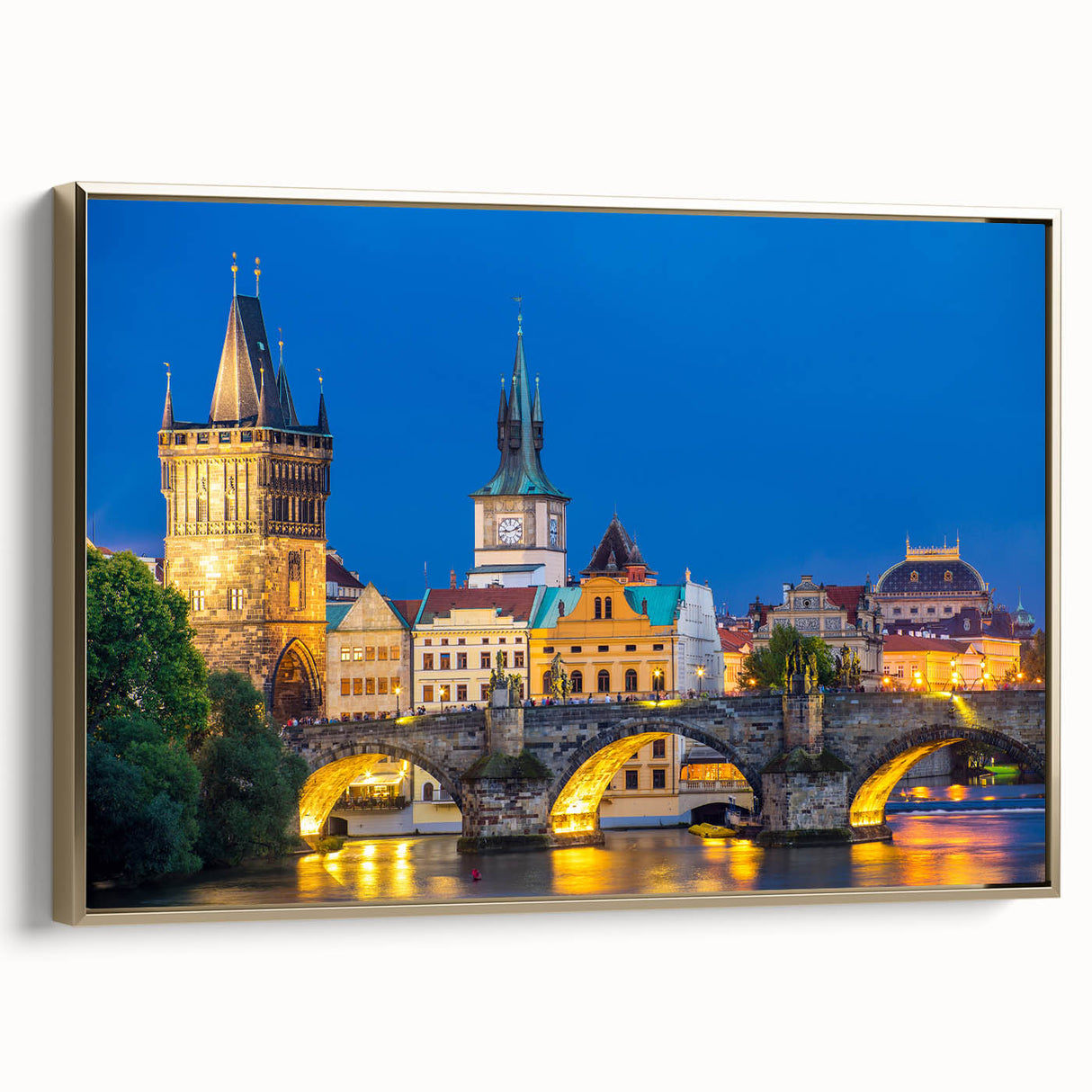 Framed canvas depicting a vintage-style landscape of the Czech Republic in black and gold tones, suitable for bedroom decor.