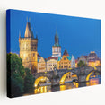 Prague cityscape on large stretched canvas with vivid evening colors, suited for kitchen wall art.