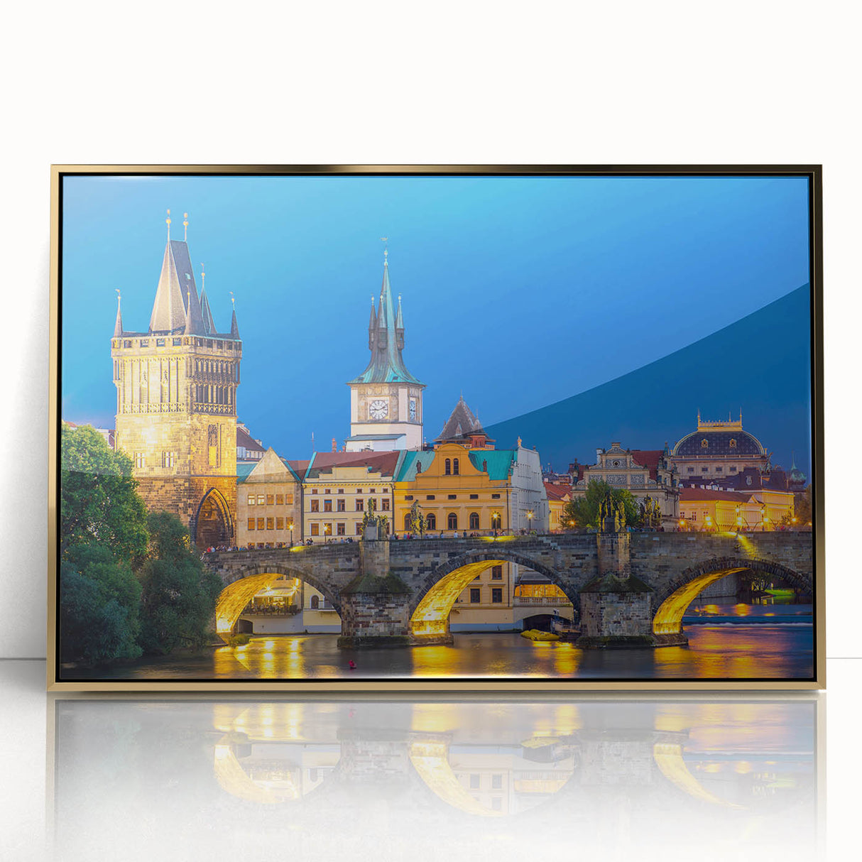 Mid-century modernist acrylic print of a Czech Republic scenery in muted gold tones, ideal for modern art wall decor.