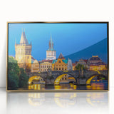 Mid-century modernist acrylic print of a Czech Republic scenery in muted gold tones, ideal for modern art wall decor.