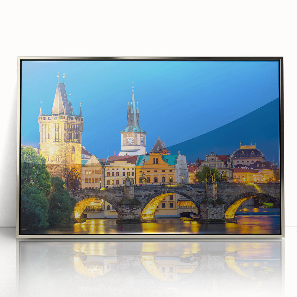 Mid-century modernist art depicting Prague skyline in muted tones on silver-framed acrylic.