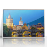 Acrylic framed poster of a European cityscape in art deco style, muted color palette, ideal for modern art wall decor.