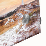 Large abstract acrylic print of a European scenery in muted earth tones, ideal for dining room art.