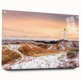 Acrylic glass print of a serene European landscape, featuring soft blue and green tones.