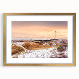 Abstract art print of a European scenery in muted gold and green tones, framed with a gold mat.