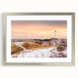 Extra large abstract art print depicting a textured European scenery in muted earth tones, framed in silver.