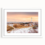 Textured abstract art print of a Danish landscape in muted earth tones on a framed white mat, suitable for bedroom decor.