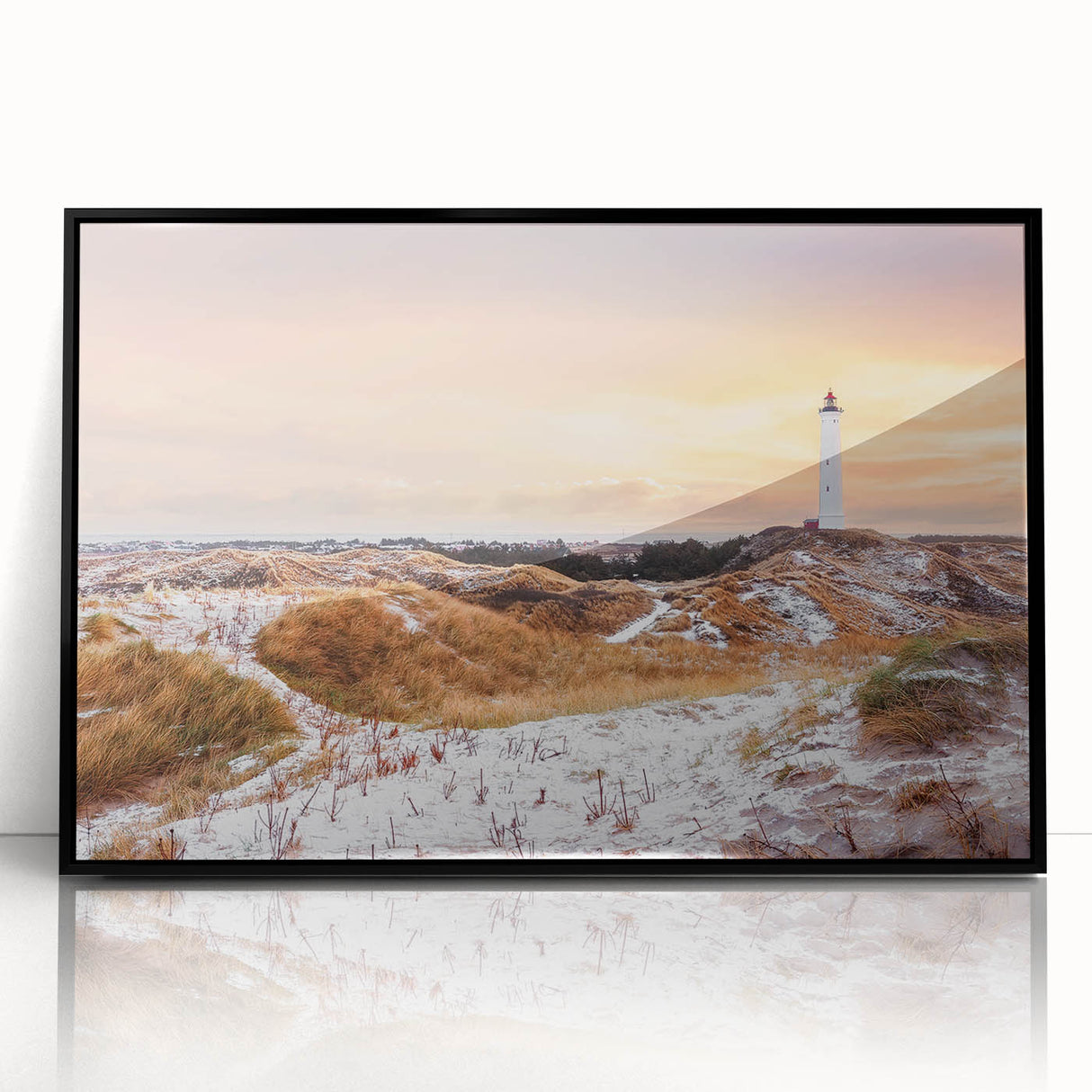 Large abstract wall art depicting a European scenery in Denmark with muted earth tones, framed in black acrylic.
