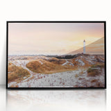 Large abstract wall art depicting a European scenery in Denmark with muted earth tones, framed in black acrylic.