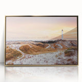 Art deco poster of European scenery in Denmark, muted gold and blue tones, framed acrylic, ideal for modern art wall decor.