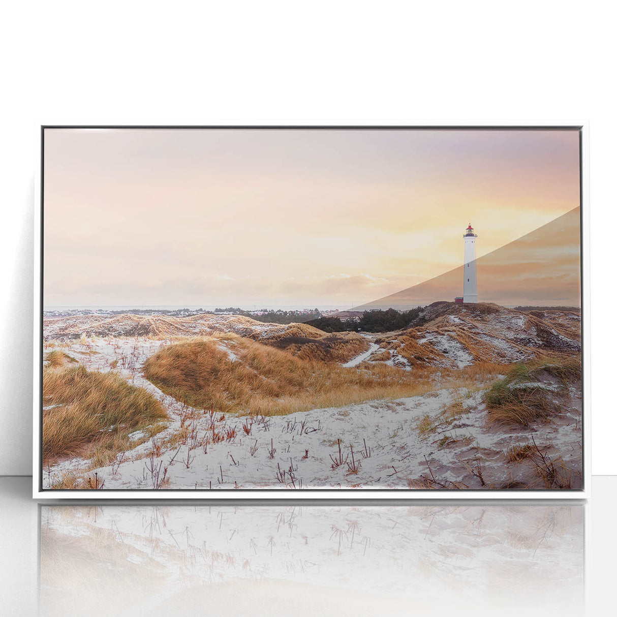 Mid-century modernist art depicting a serene Danish landscape in muted earth tones on a framed acrylic.