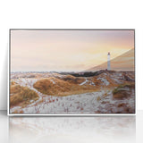 Mid-century modernist art depicting a serene Danish landscape in muted earth tones on a framed acrylic.