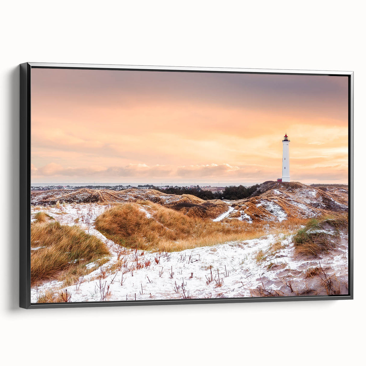 Black and white framed canvas depicting a vintage Danish landscape, ideal for bedroom wall decor.