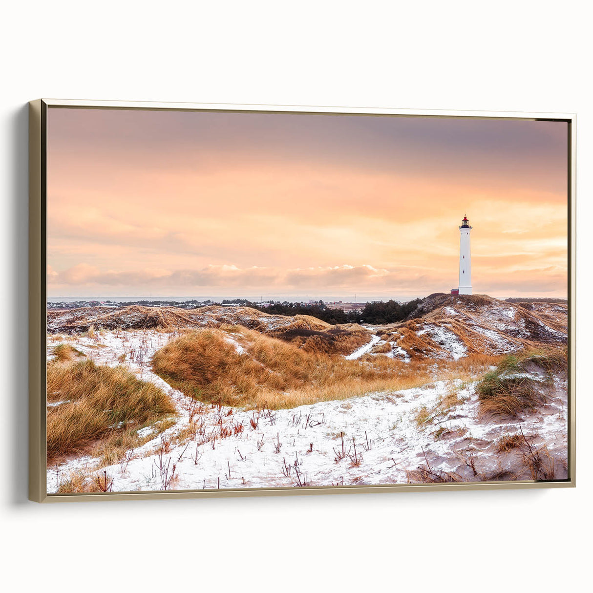 Framed canvas featuring a vintage-style Danish landscape in muted gold and black tones, ideal for bedroom wall decor.