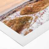 Art deco poster featuring a serene Danish landscape in muted earth tones on rolled canvas, suitable for dining room decor.