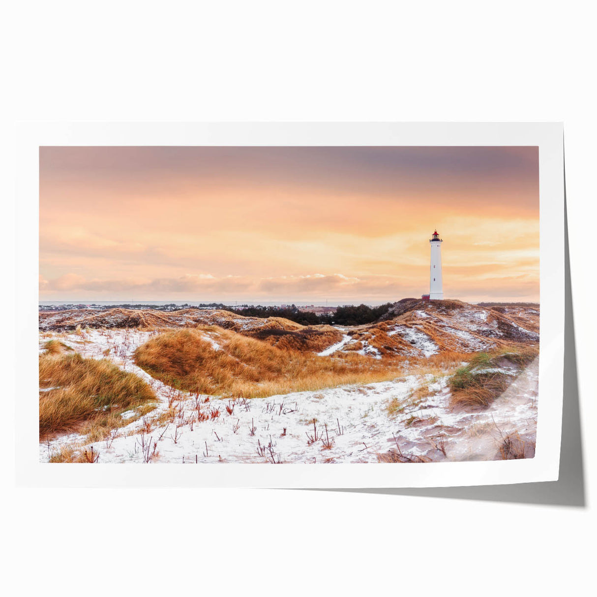 Rolled print of a Danish landscape featuring soft pastel shades and floral elements, ideal for dining room decor.