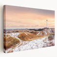 Side view of a stretched canvas depicting a serene European landscape in soft pastel shades, ideal for kitchen wall art.