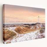 Side view of a stretched canvas depicting a serene European landscape in soft pastel shades, ideal for kitchen wall art.