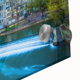 Mid-century modernist acrylic print of an abstract European landscape in muted earth tones, ideal for dining room art.