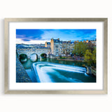 Extra large abstract art print of Bath, England, in muted earth tones on a textured canvas, framed in silver.