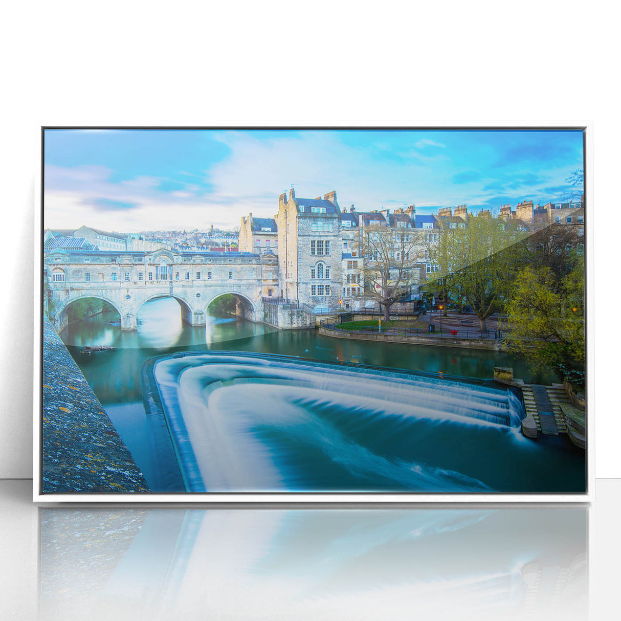 Mid-century modernist art of Bath, England in soft pastel colors, framed acrylic, ideal for nursery wall art.