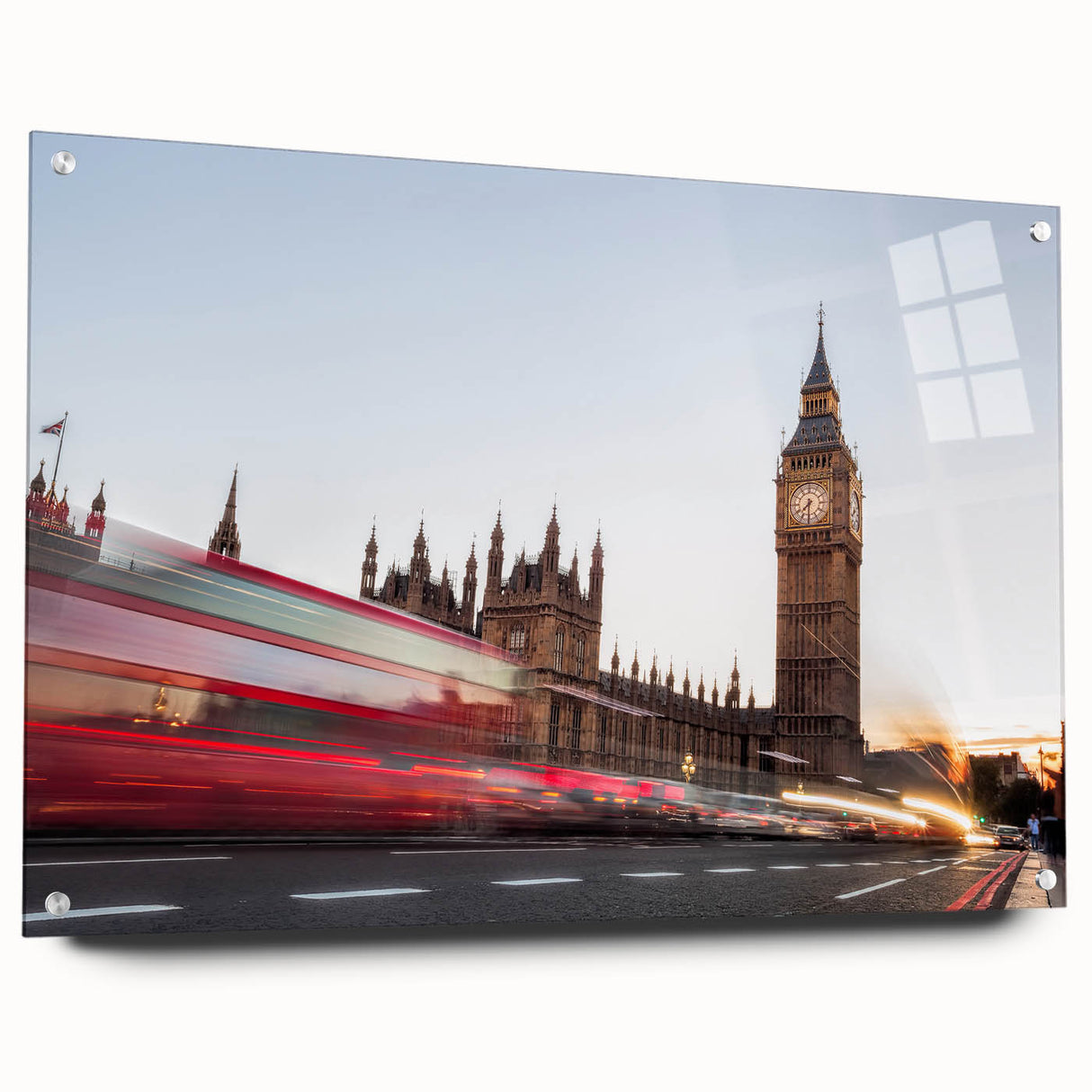 Acrylic print of Big Ben with soft pastel shades, ideal for bedroom or dining room decor.