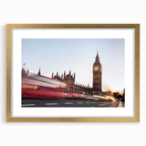 Abstract art print of Big Ben with gold frame and mat, featuring muted earth tones, ideal for dining room decor.
