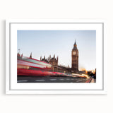 Textured art print of Big Ben in abstract style with muted earth tones, framed with a white mat, ideal for bedroom art.