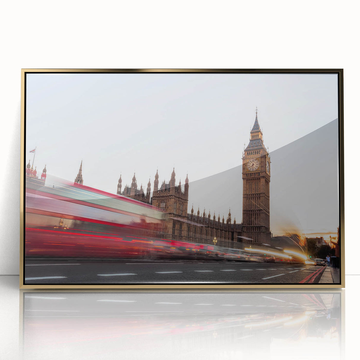 Art deco poster of Big Ben with gold and black tones, acrylic framed, ideal for modern art wall decor or nursery.