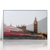 Mid-century modernist art of Big Ben with muted gray and pastel blue tones on a framed acrylic, ideal for nursery wall art.