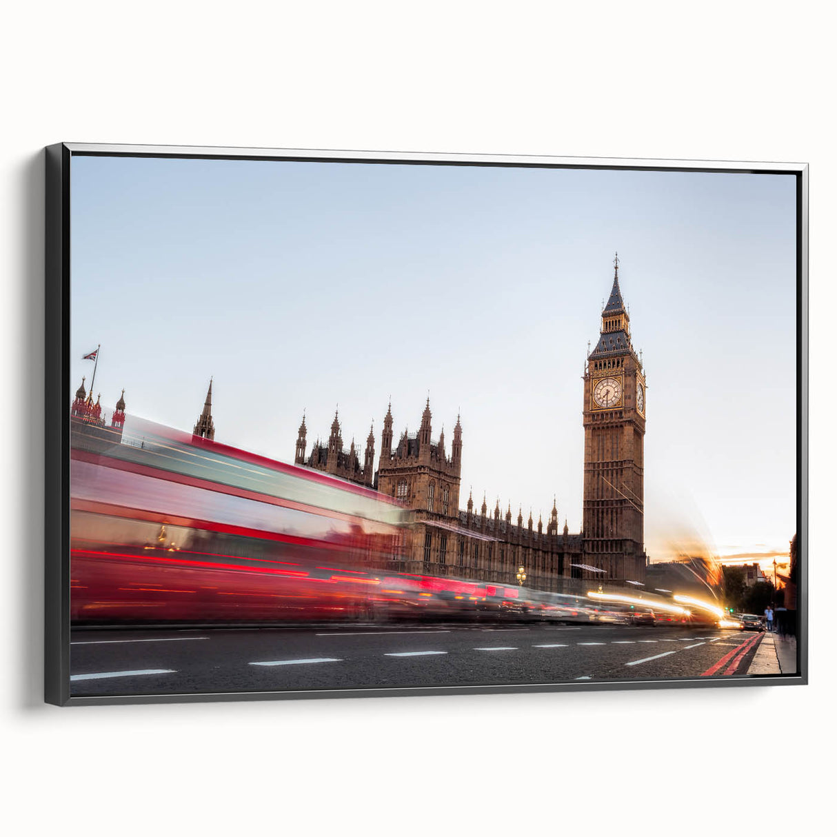 Black and white wall art of Big Ben in a vintage poster style on framed canvas, suitable for bedroom decor.