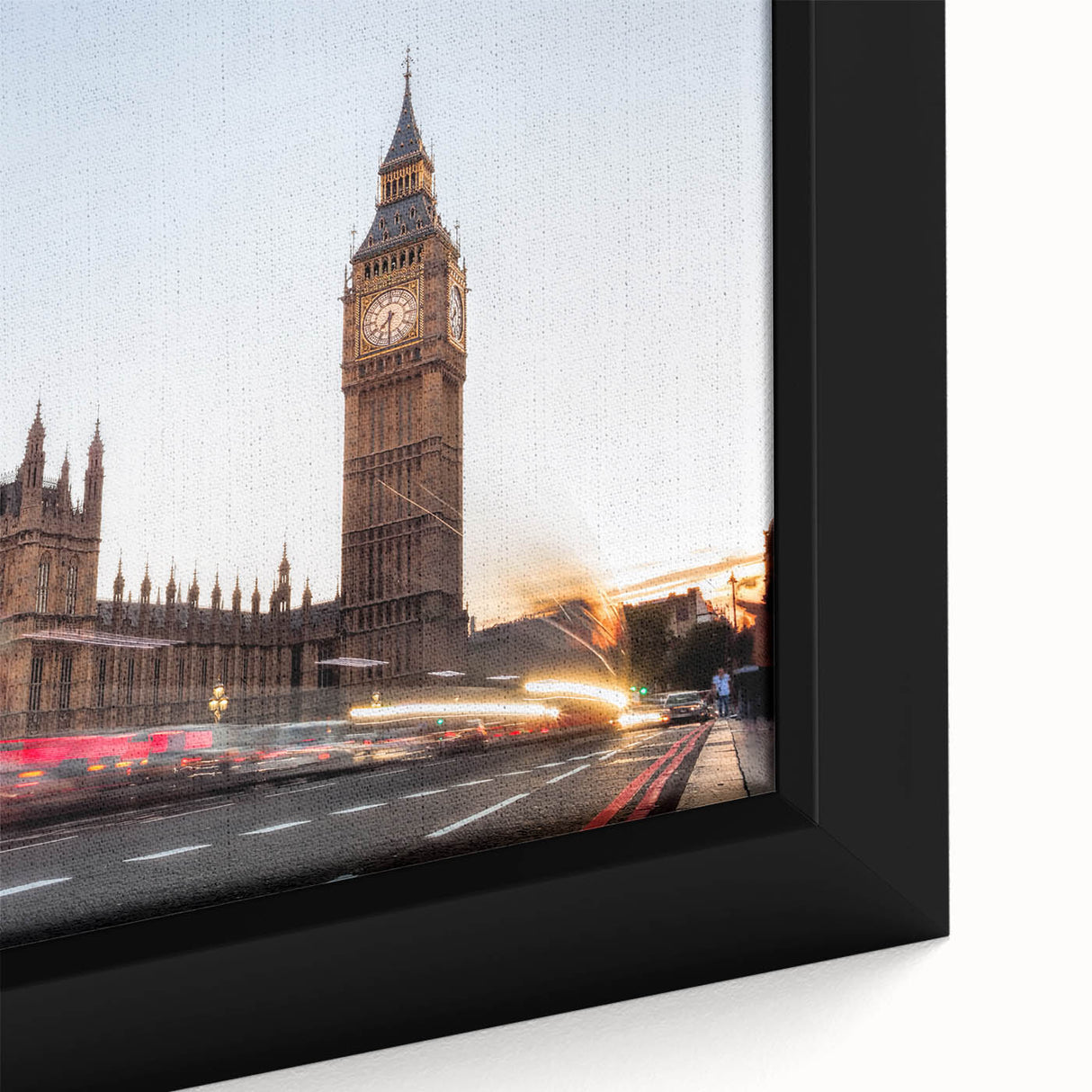 Extra large framed canvas of Big Ben in textured black with colorful accents, ideal for living room decor.
