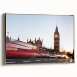 Framed canvas featuring a vintage-style landscape painting of Big Ben in muted gold and black tones.
