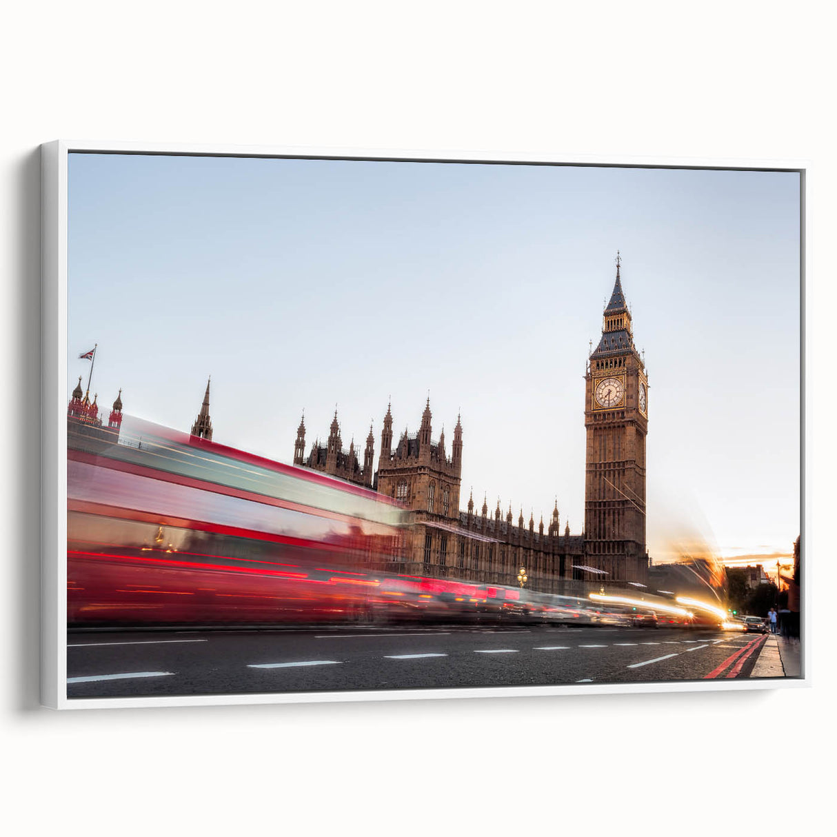 Vintage poster art of Big Ben with colorful accents on a black background, framed canvas, suitable for living room decor.