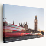 Side view of a large canvas featuring the Big Ben and London skyline in muted gray and blue tones.