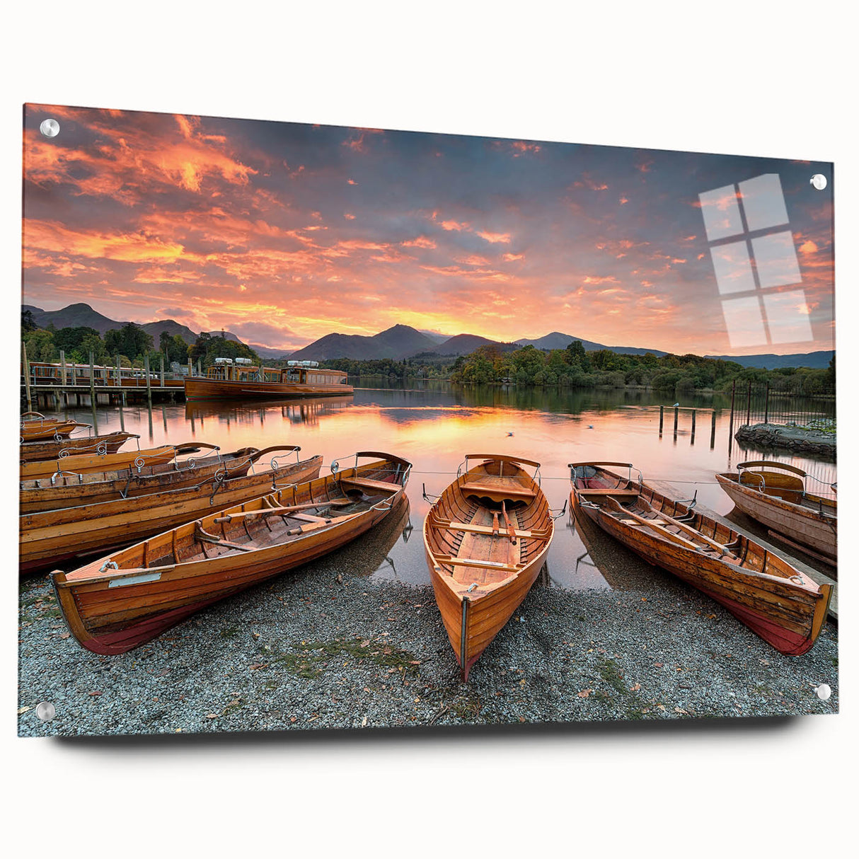 Acrylic glass print of Cumbria, England landscape with green hills under cloudy skies, suitable for dining room decor.