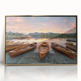 Art deco poster depicting serene Cumbria landscape in muted greens and golds, framed acrylic.