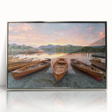 Large art print of Cumbria, England scenery in mid-century modernist style, framed in silver acrylic.