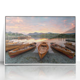 Mid-century modernist art depicting Cumbria's scenic landscape in muted green and blue tones, framed acrylic print.