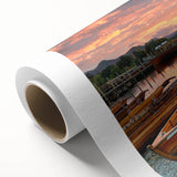 Art deco poster of Cumbria landscape in muted greens and blues on rolled canvas, ideal for nursery wall art.