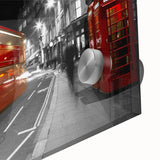 Large abstract depiction of the London skyline in muted gray on acrylic glass, ideal for dining room art.