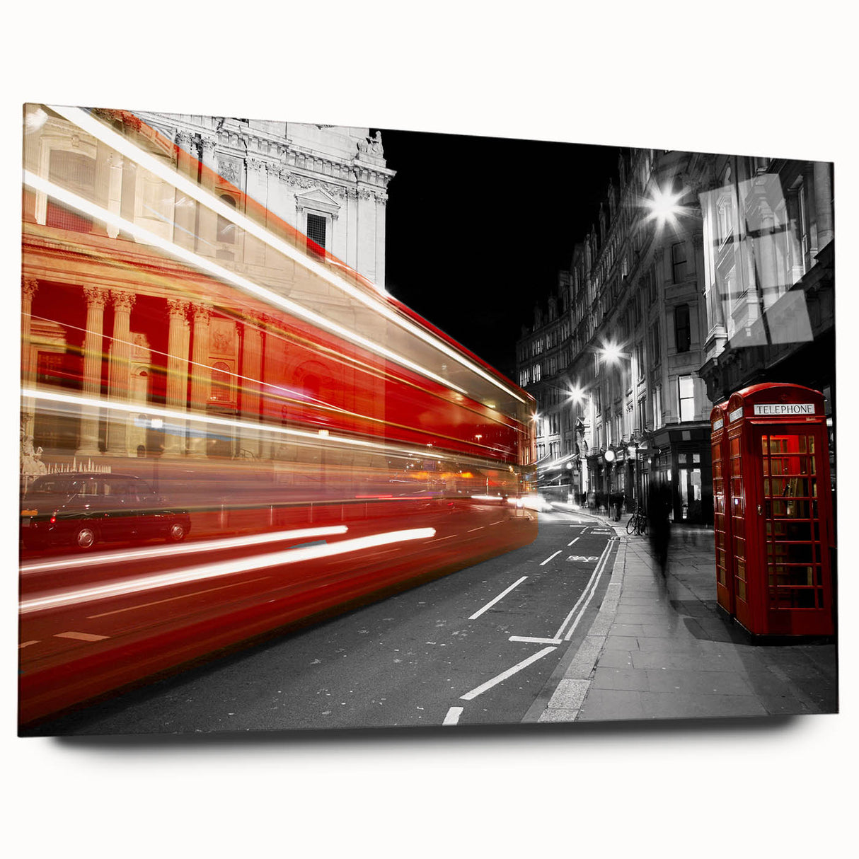 Acrylic print of a large abstract depiction of the London skyline in muted gray and blue tones.
